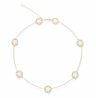 Primula Necklace with 7 flowers in yellow gold and mother-of-pearls