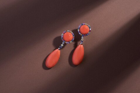 Natural Red Coral Earrings with Gold and Precious Stones