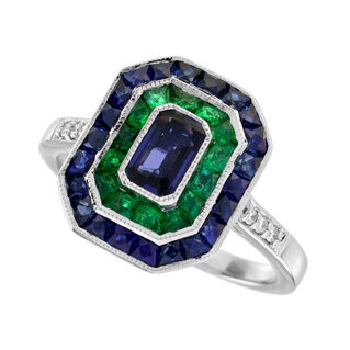 Ceylon Sapphire Emerald Blue Sapphire Diamond Halo Engagement Ring (R5558)