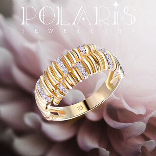 YELLOW GOLD PUFF ROW RING W/ DIA