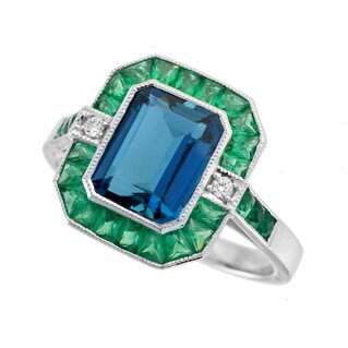 London Blue Topaz Emerald Diamond Halo Engagement Ring (R5237)